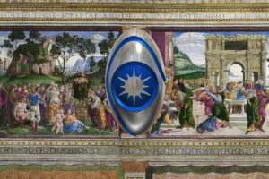 Luca Pozzi “The Dark Collection – Sistine Chapel”, 2020. Third Eye Prophecy scultura digitale tra Perugino (Partenza di Mosè per l'Egitto) e Botticelli (Prove di Mosè)